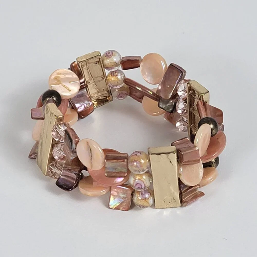 Gold Tone Pink Mother Of Pearl And Millefiori Glass Beaded Stretch Bracelet 7 In - Picture 2 of 7